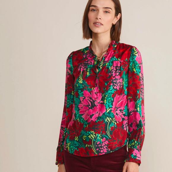 Vineyard Vines Silk Twill Ruffle Collar Popover Brush Floral Green Size Large - Picture 1 of 8